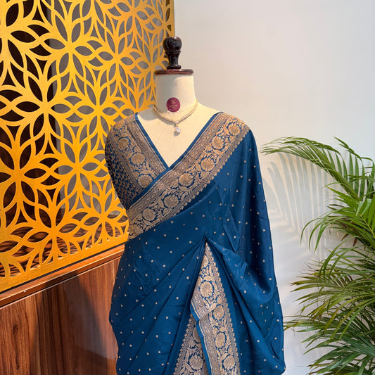 German Blue Banarasi Pure Crepe Saree