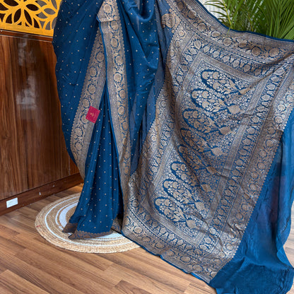 German Blue Banarasi Pure Crepe Saree