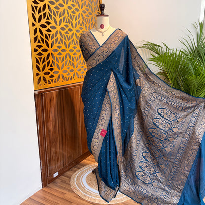 German Blue Banarasi Pure Crepe Saree