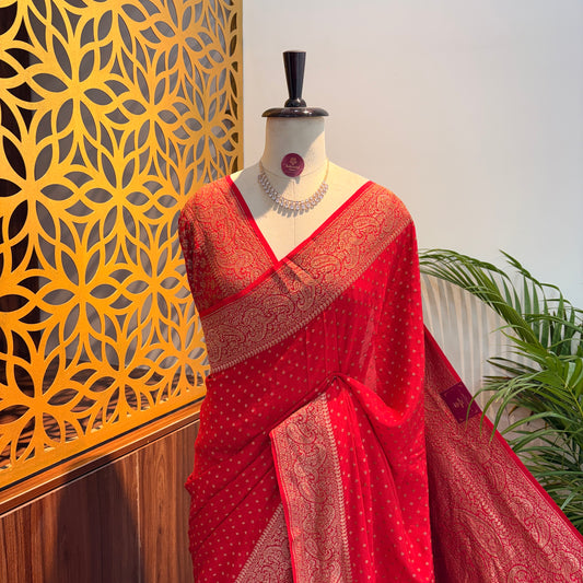 Red Banarasi Pure Crepe Saree