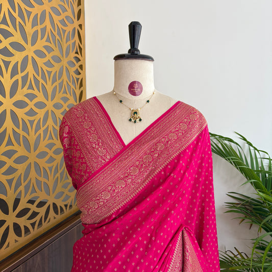 Pink Banarasi Pure Crepe Saree