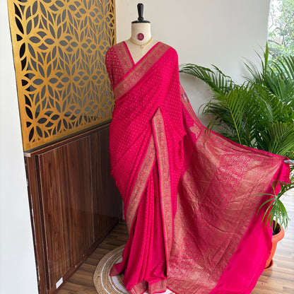 Pink Banarasi Pure Crepe Saree