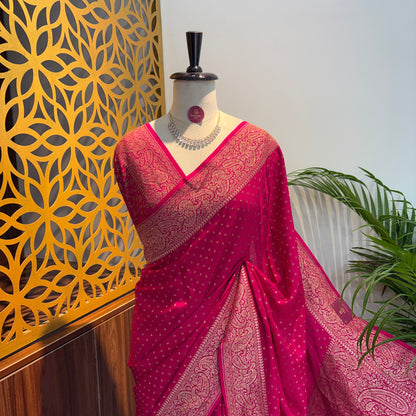 Pink Banarasi Pure Crepe Saree