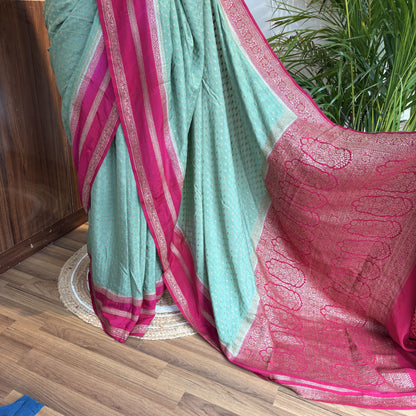 Pastel Green Banarasi Pure Crepe Saree