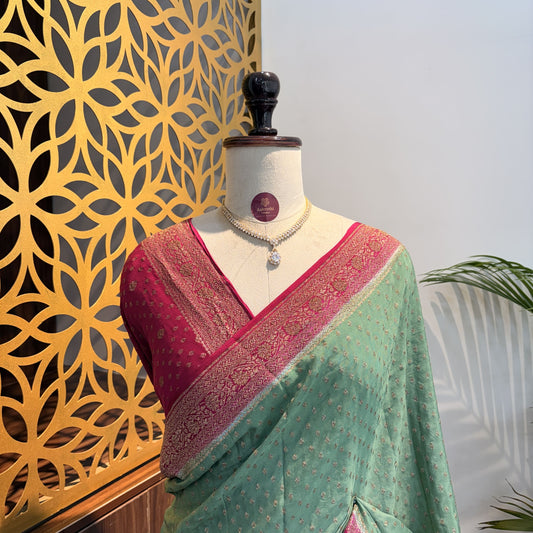 Pastel Green Banarasi Pure Crepe Saree