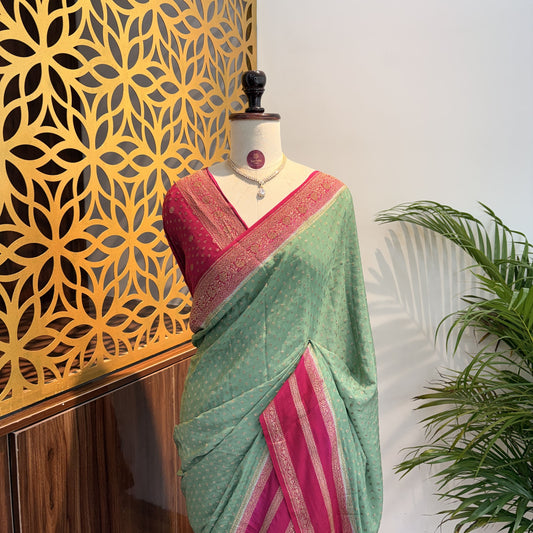 Pastel Green Banarasi Pure Crepe Saree