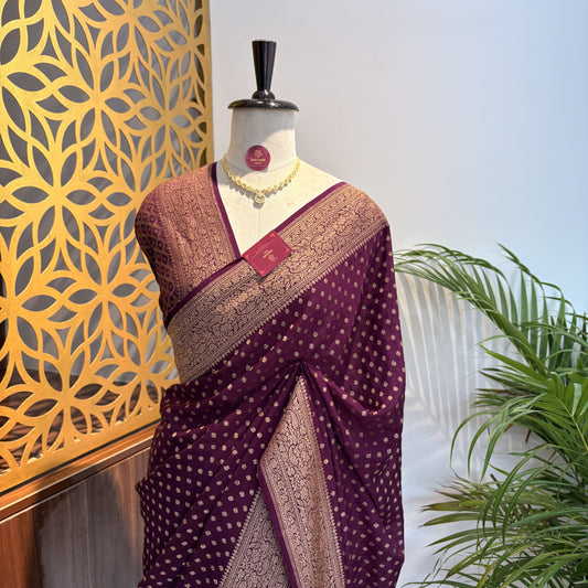 Wine Banarasi Pure Crepe Saree – woven (zari) work