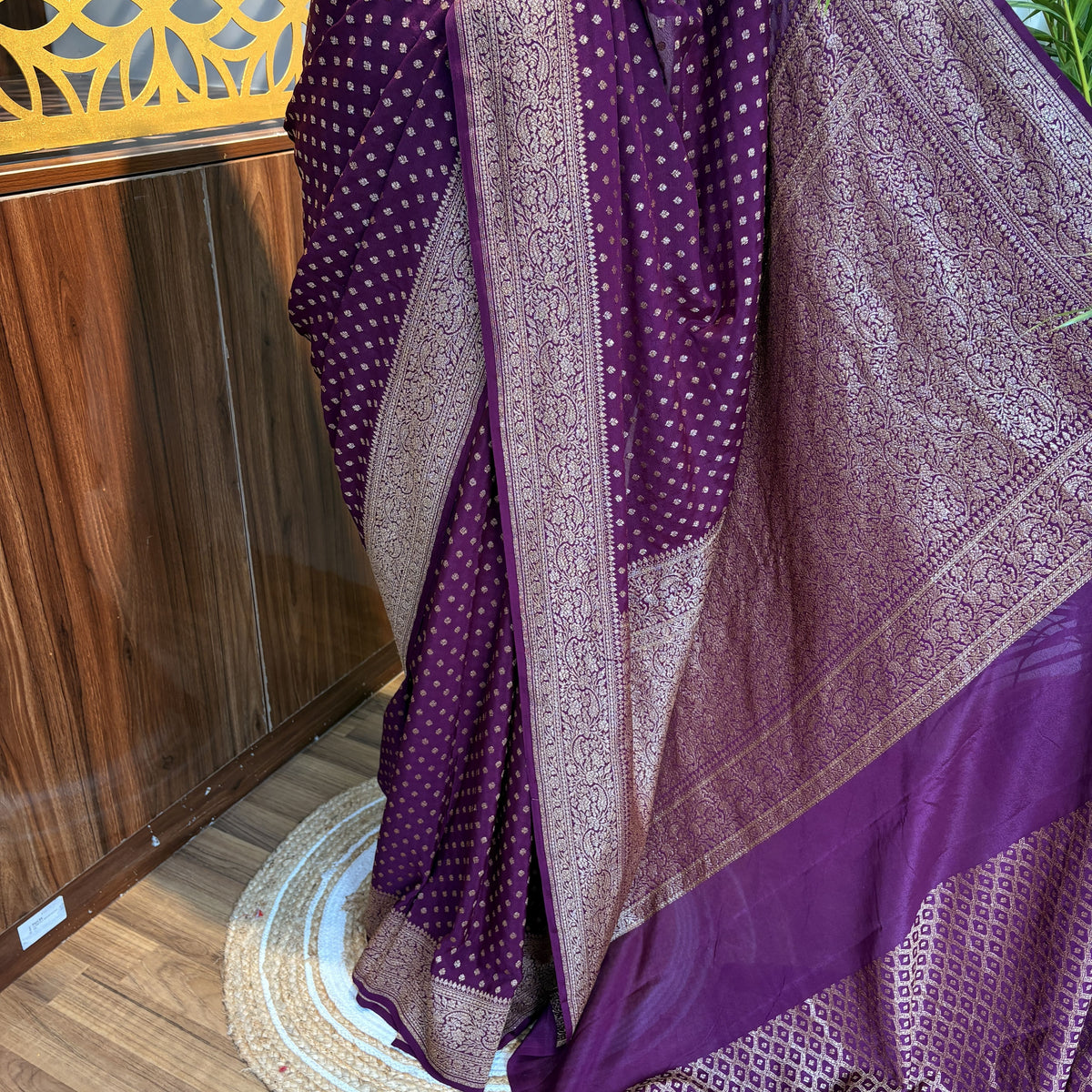 Wine Banarasi Pure Crepe Saree – woven (zari) work			