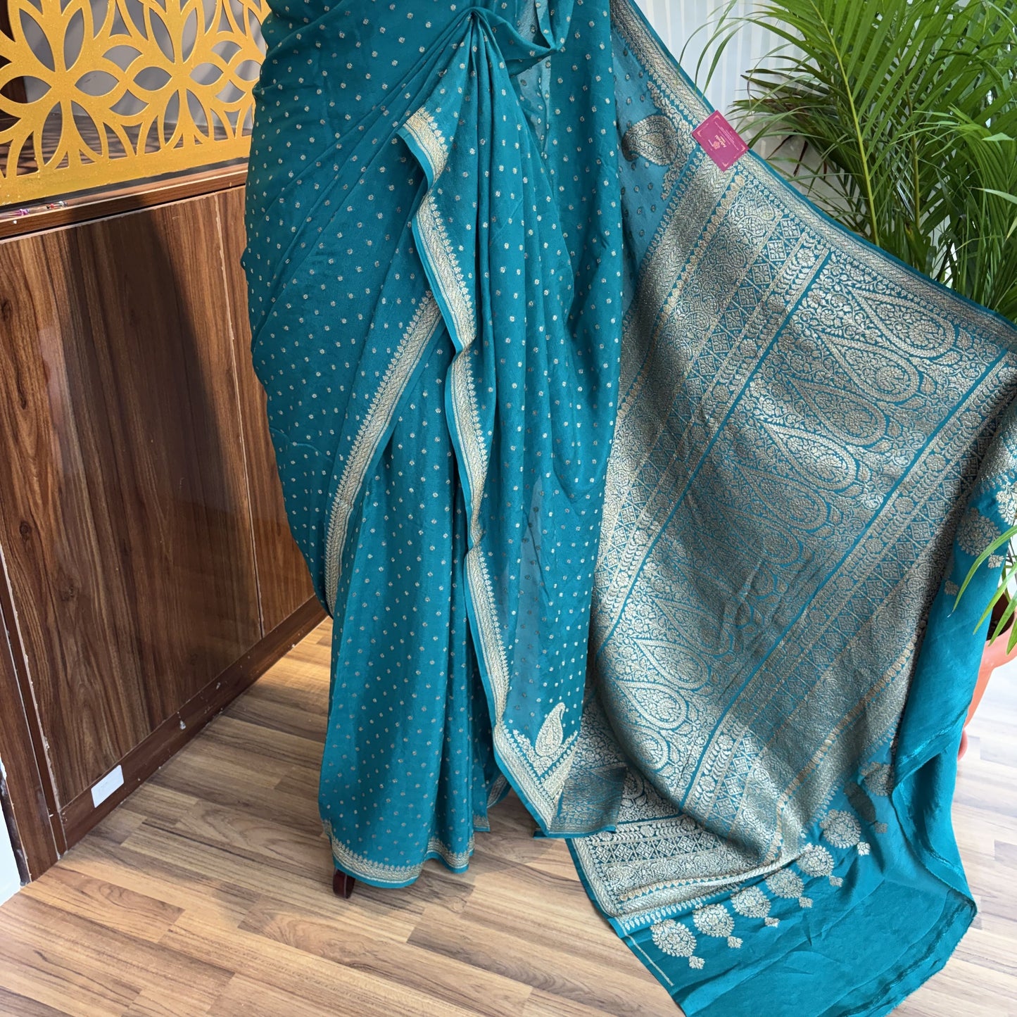 Rama Green Banarasi Pure Crepe Saree