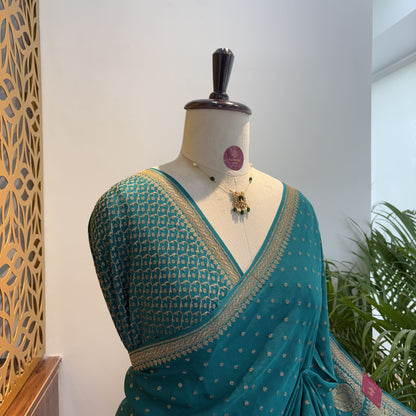 Rama Green Banarasi Pure Crepe Saree