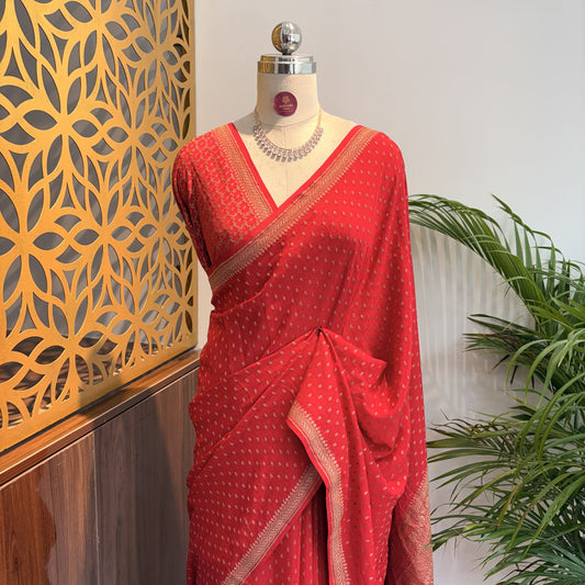 Red Banarasi Pure Crepe Saree