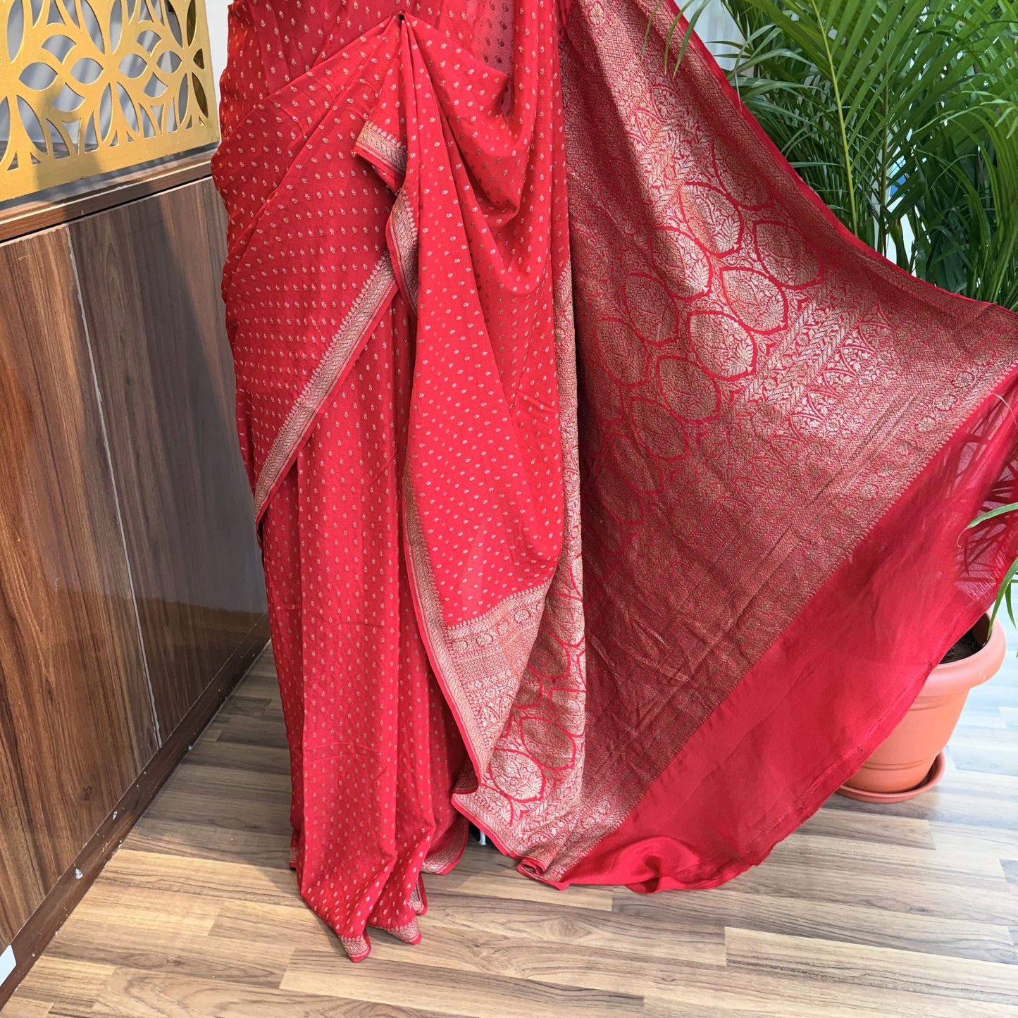 Red Banarasi Pure Crepe Saree