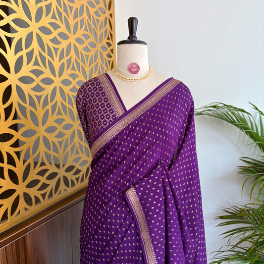 Purple Banarasi Pure Crepe Saree