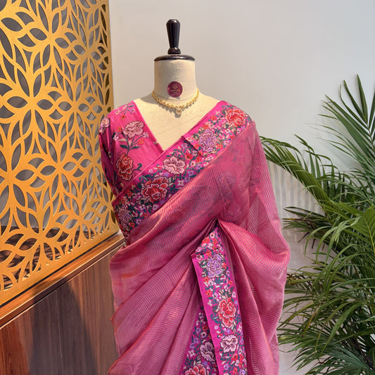 Pink Pure Tissue Embroidered Saree