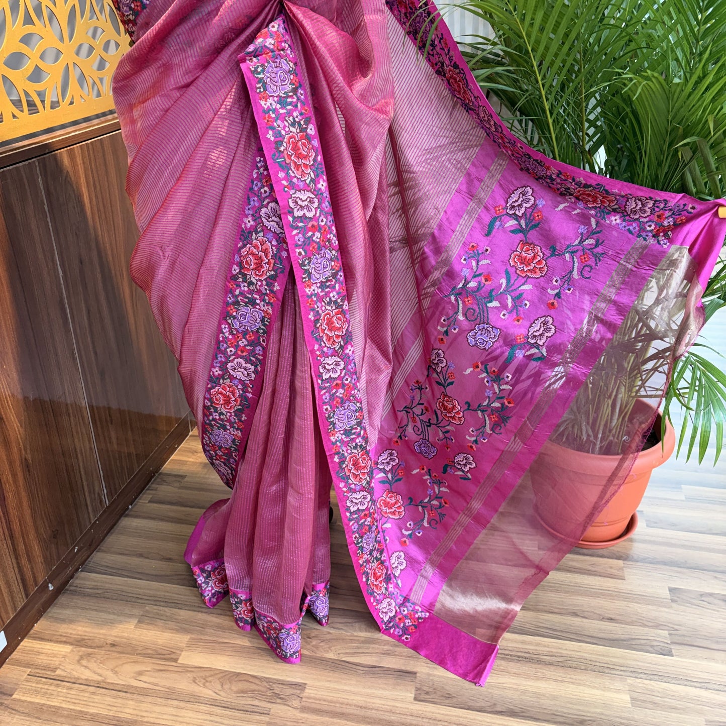 Pink Pure Tissue Embroidered Saree