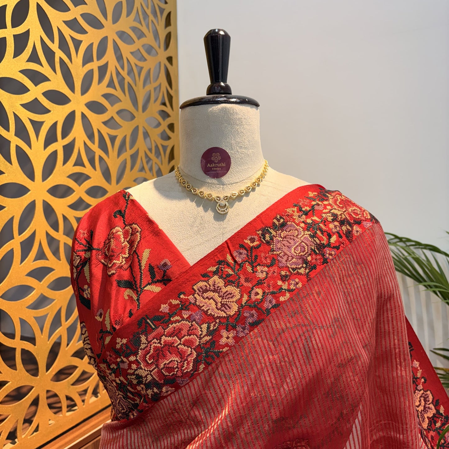 Red Pure Tissue Embroidered Saree