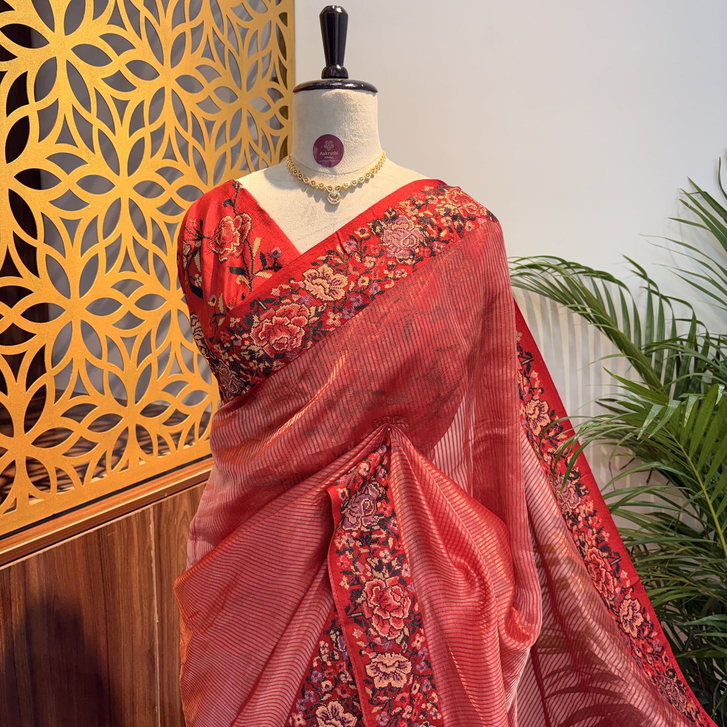 Red Pure Tissue Embroidered Saree