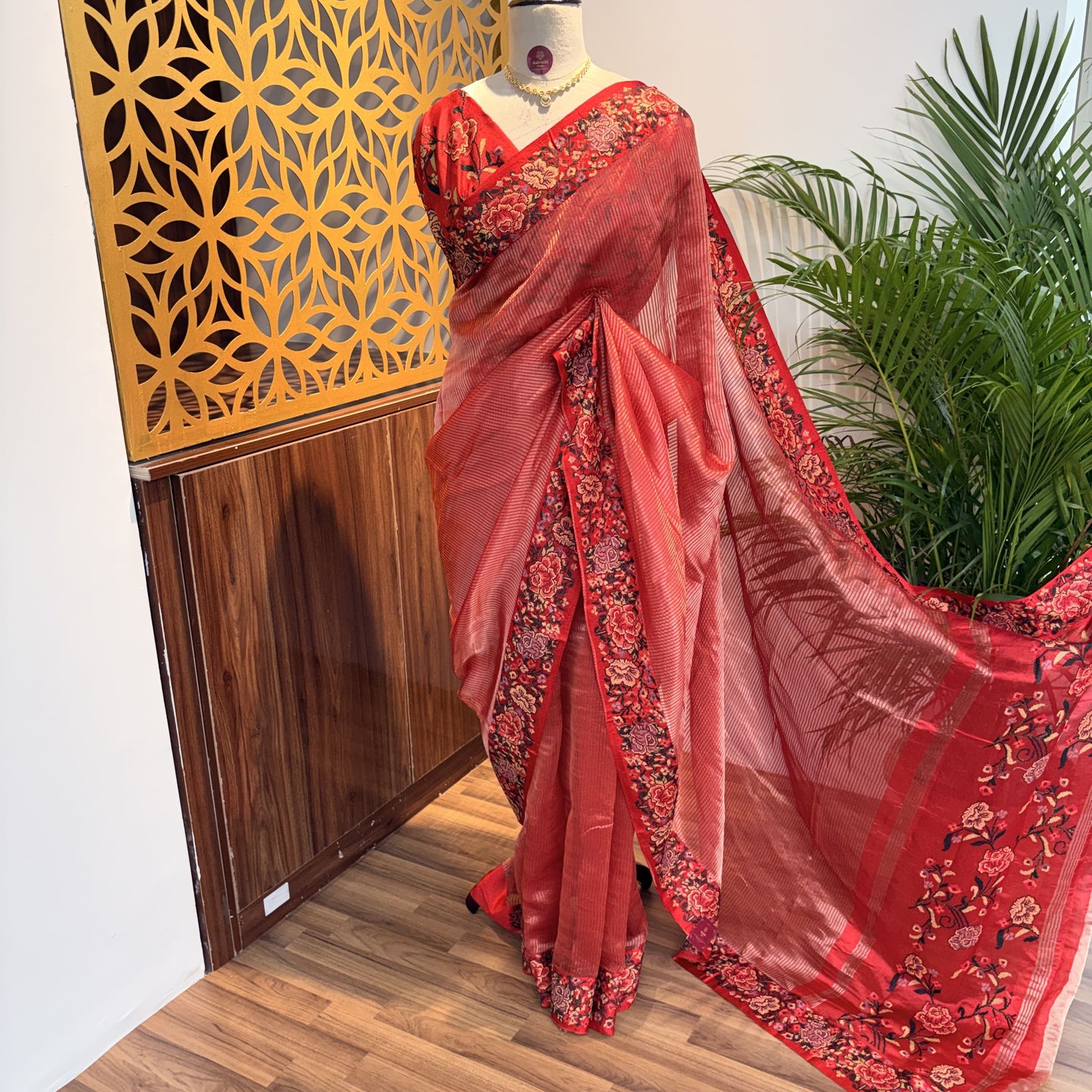 Red Pure Tissue Embroidered Saree