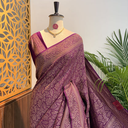 Purple Banarasi Pure Crepe Brocade Saree