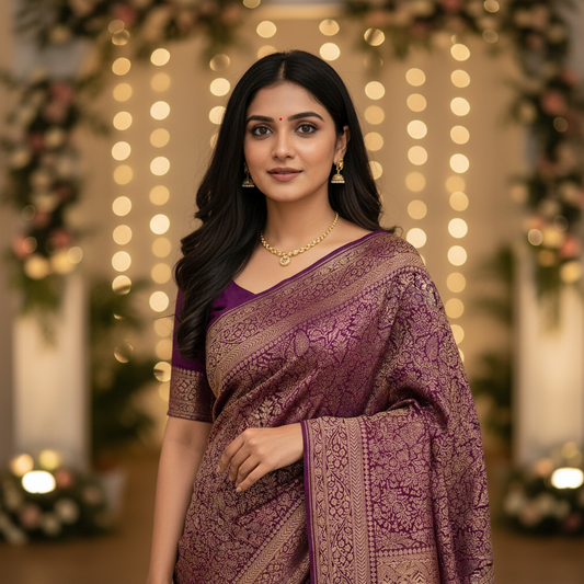 Purple Banarasi Pure Crepe Brocade Saree