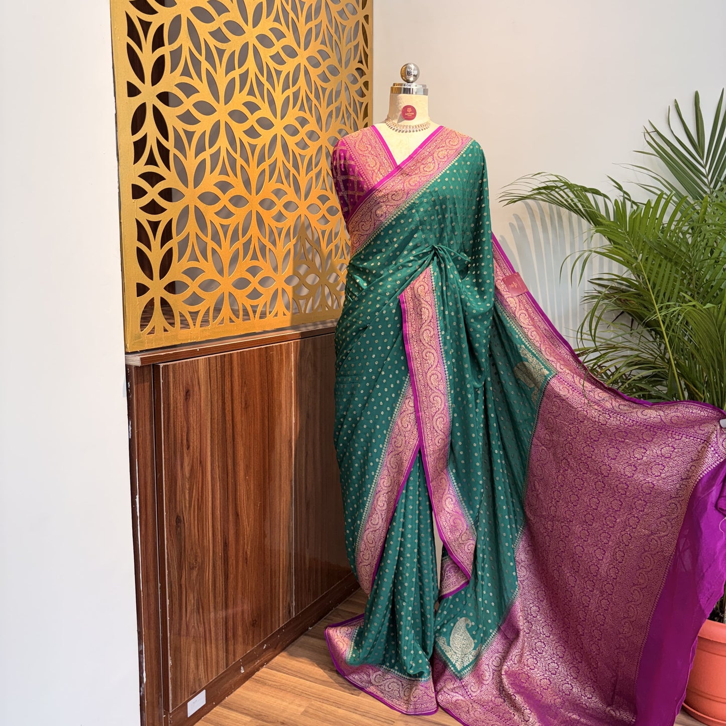 Rama Green Banarasi Pure Crepe Saree