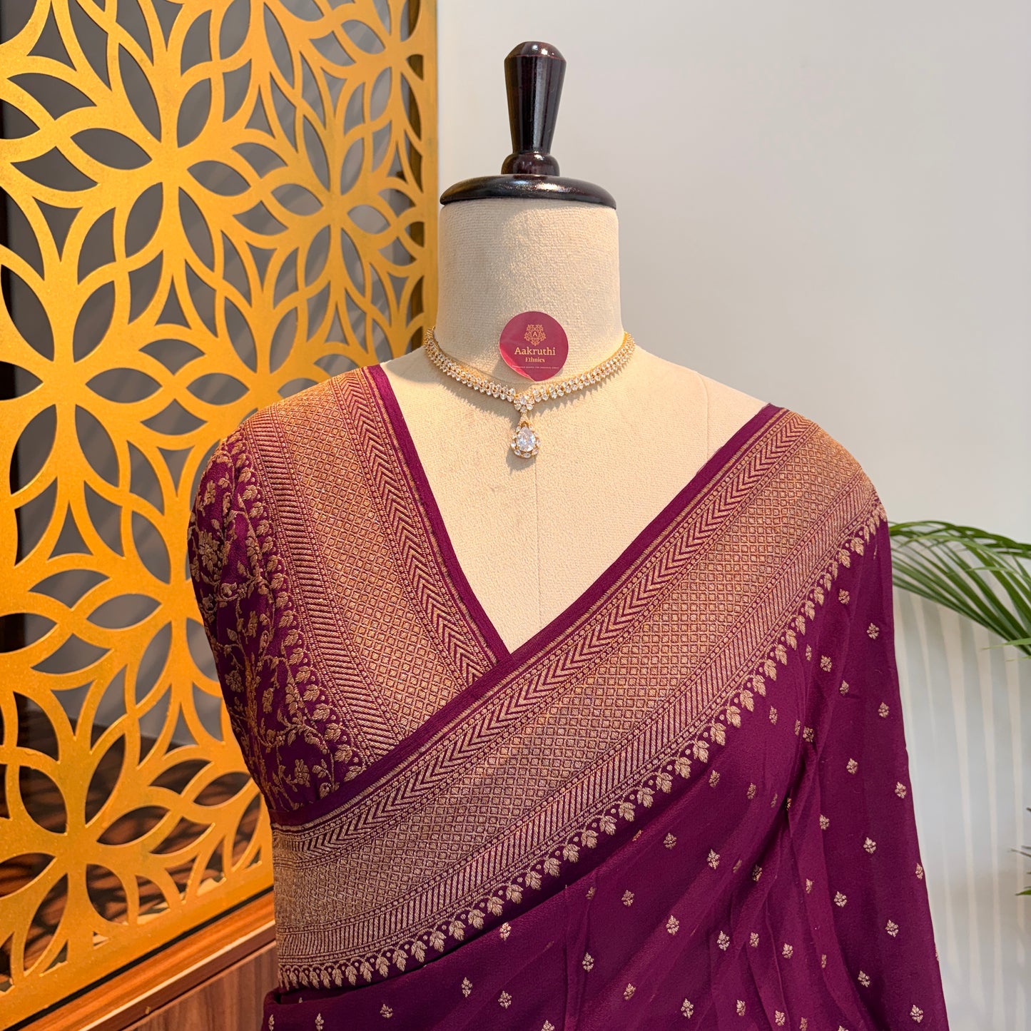 Wine Banarasi Pure Crepe Saree