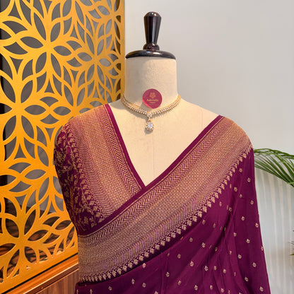 Wine Banarasi Pure Crepe Saree