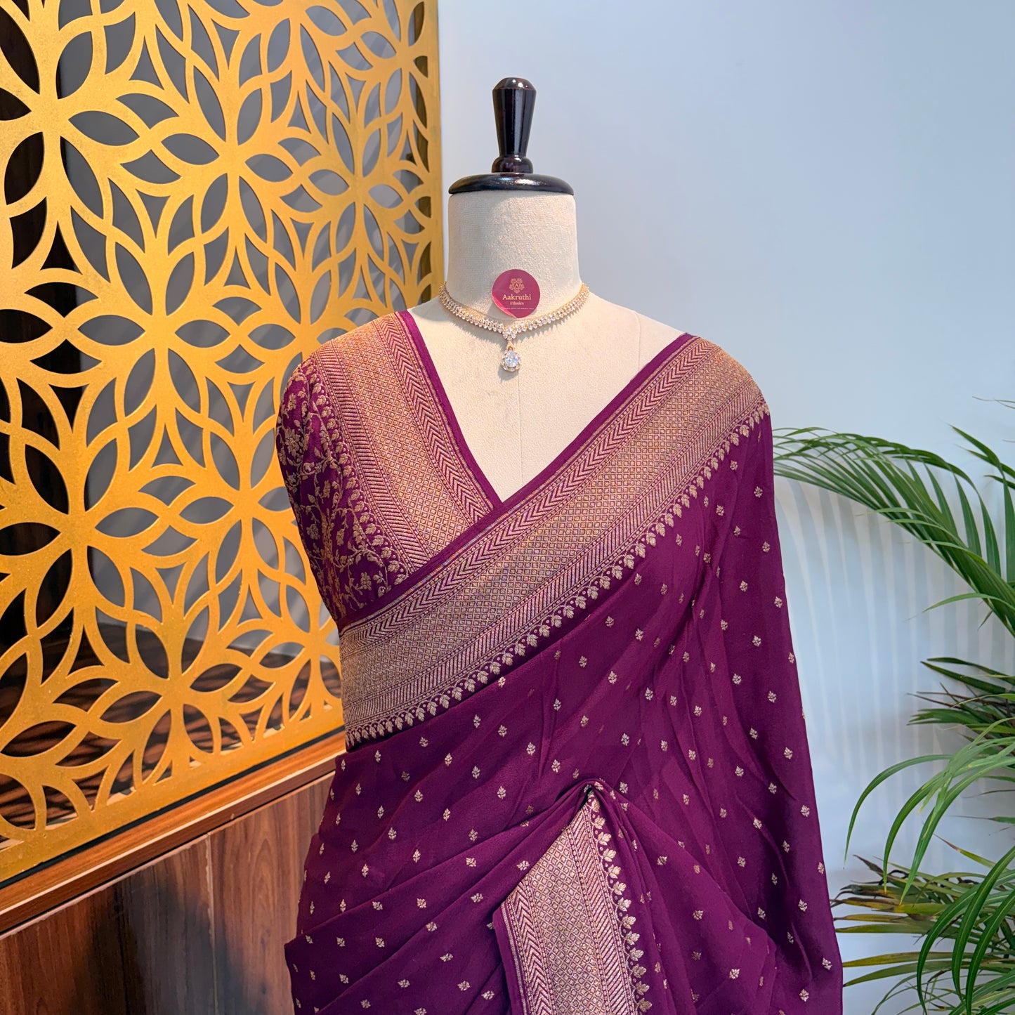Wine Banarasi Pure Crepe Saree