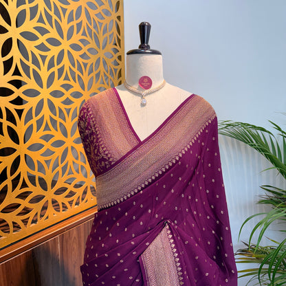 Wine Banarasi Pure Crepe Saree