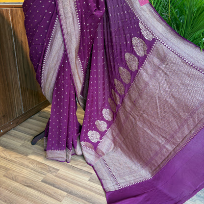 Wine Banarasi Pure Crepe Saree