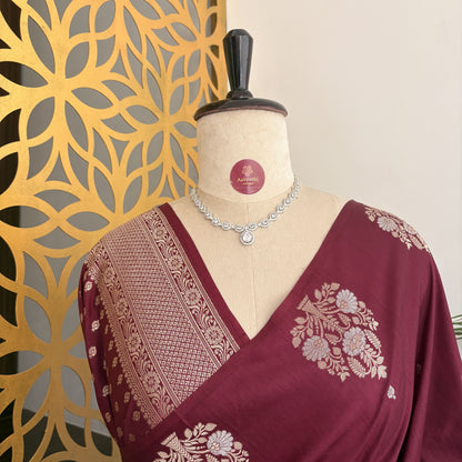 Wine Semi Raw Mango Banarasi Saree