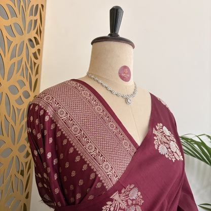Wine Semi Raw Mango Banarasi Saree