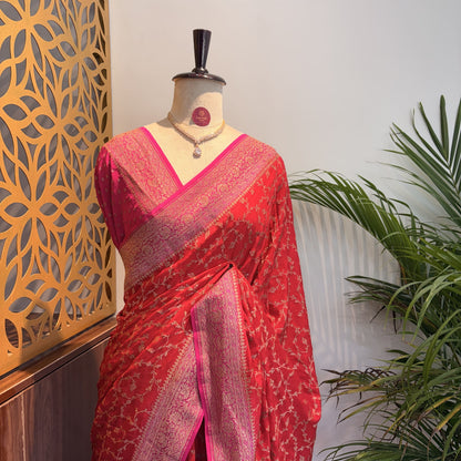 Red Jaal Banarasi Pure Crepe Saree