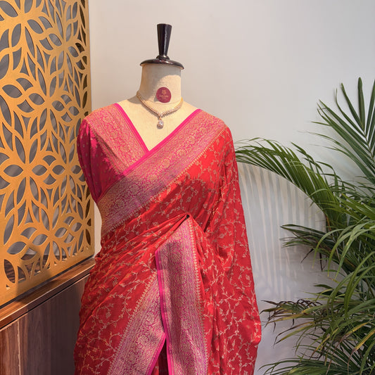 Red Jaal Banarasi Pure Crepe Saree