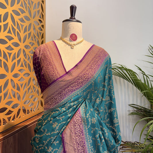 Rama Green Jaal Banarasi Pure Crepe Saree
