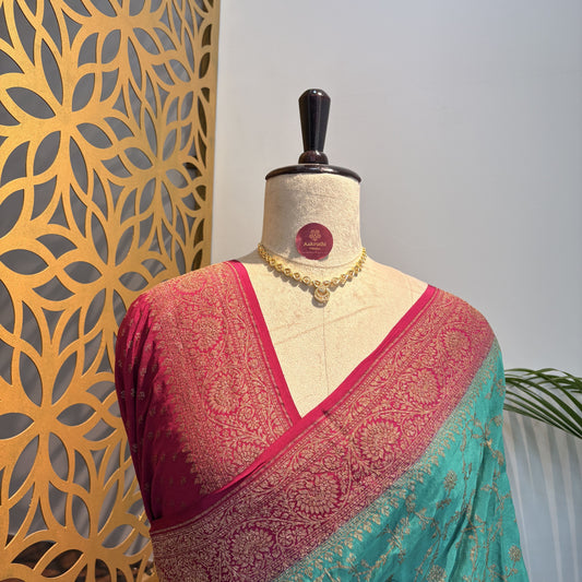 Pastel Blue Jaal Banarasi Pure Crepe Saree