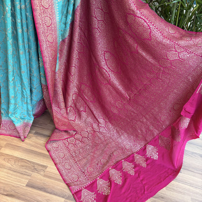 Pastel Blue Jaal Banarasi Pure Crepe Saree