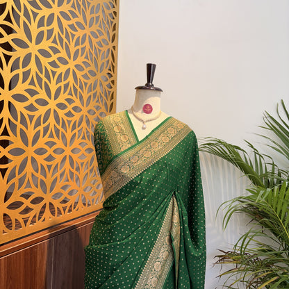 Green Banarasi Pure Crepe Saree