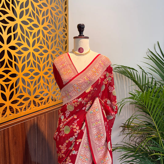 Red Pure Khaddi Georgette Meenakari Saree