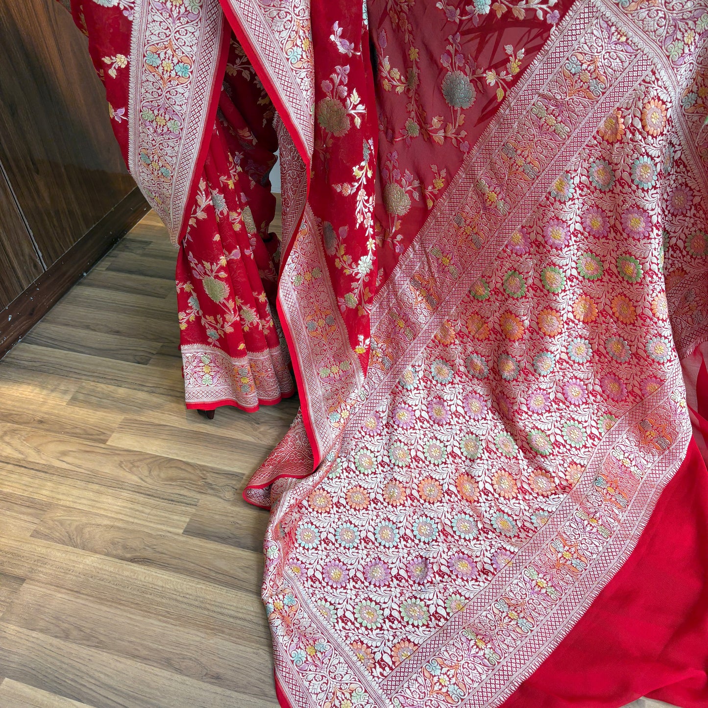 Red Pure Khaddi Georgette Meenakari Saree