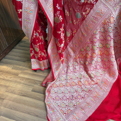 Red Pure Khaddi Georgette Meenakari Saree