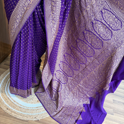 Purple Banarasi Pure Crepe Saree