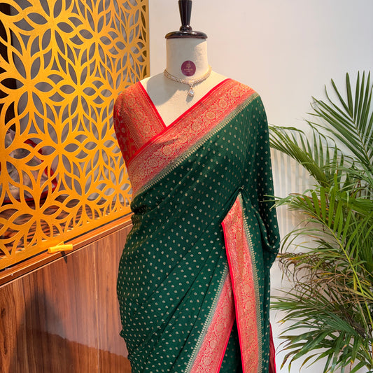 Green Banarasi Pure Crepe Saree