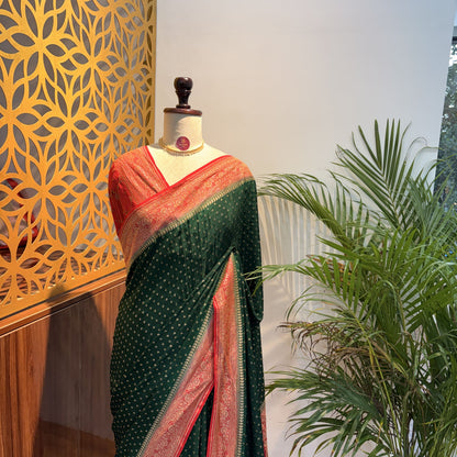 Green Banarasi Pure Crepe Saree