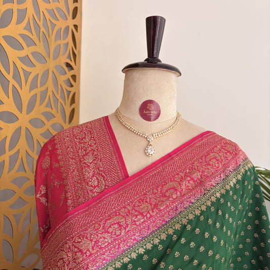 Bottle Green Banarasi Pure Crepe Saree