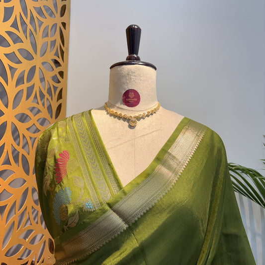 Green Semi Raw Silk Banarasi Saree