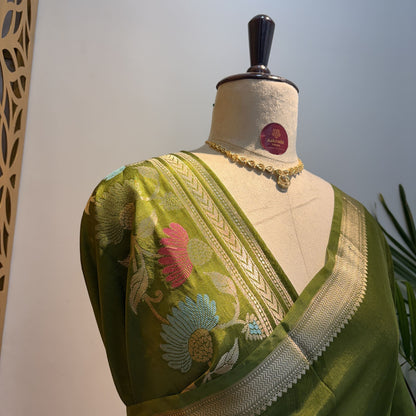 Green Semi Raw Silk Banarasi Saree