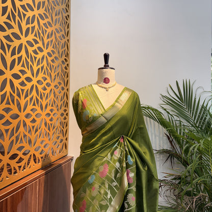 Green Semi Raw Silk Banarasi Saree