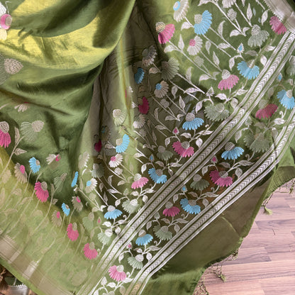 Green Semi Raw Silk Banarasi Saree