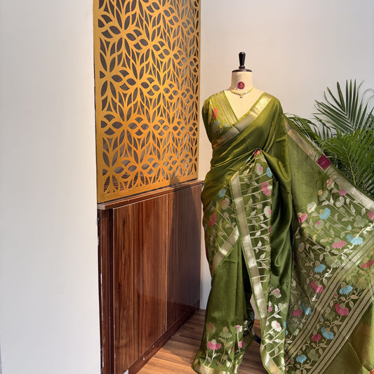 Green Semi Raw Silk Banarasi Saree